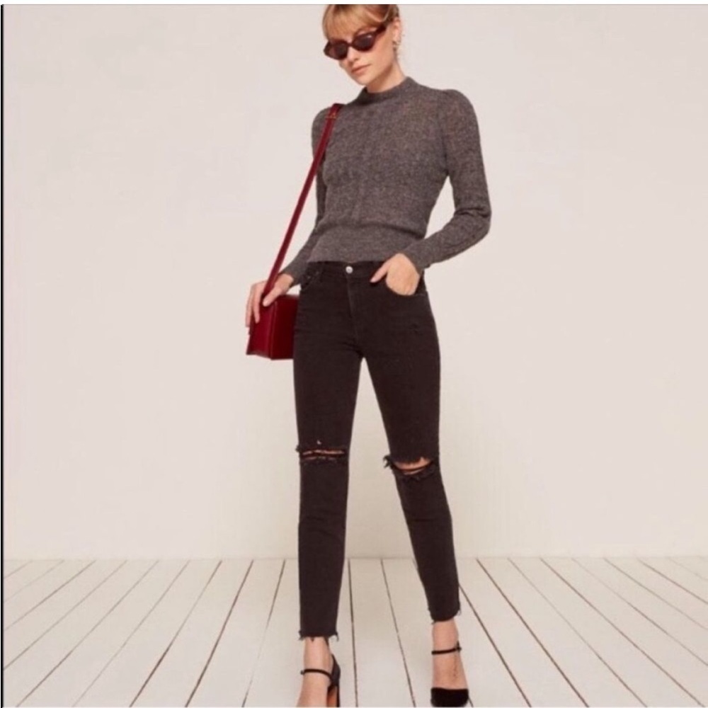 Reformation Camille Stretch Crop Cigarette Distressed Jeans Black